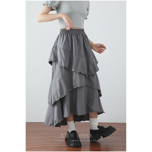 法式 不规则蓬蓬蛋糕裙A字长裙 荷叶边拼接蕾丝花边半身裙春夏新款