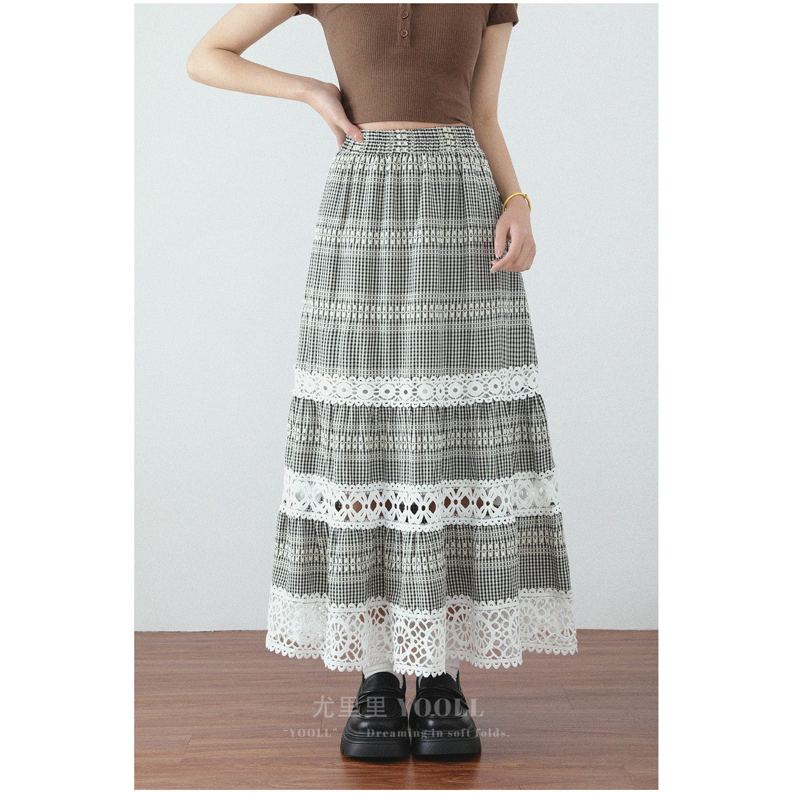 大码女装拼接楼口钩花半身裙春夏新款复古设计感高腰A字蛋糕裙女,女装/女士精品,大码半身裙,淘宝优惠券,粉丝福利购,淘宝优惠卷