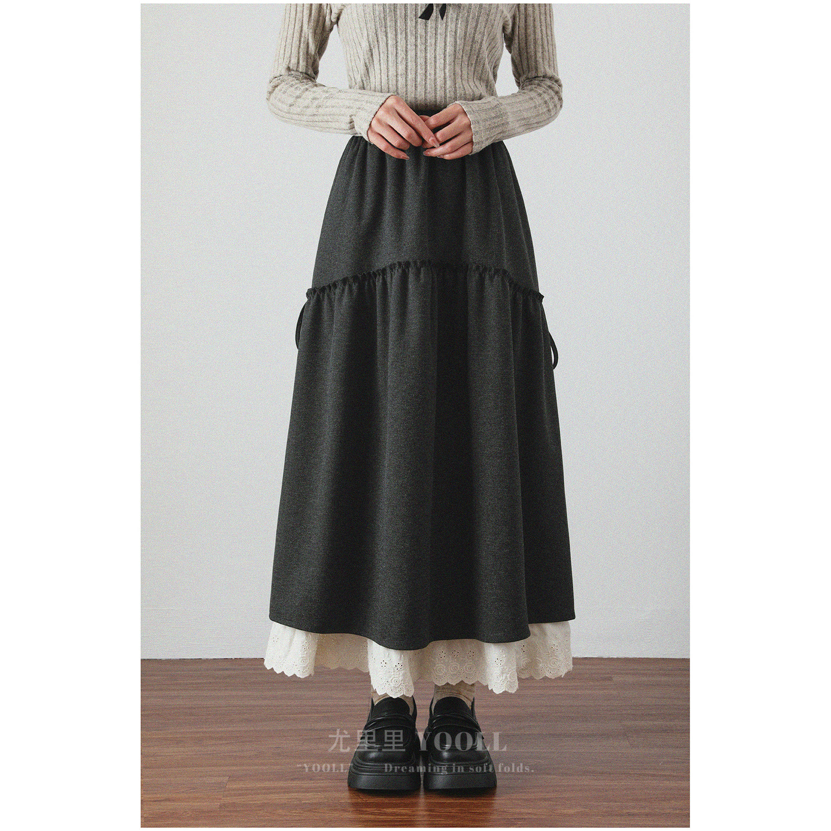 大码女装美式复古木耳边蕾丝拼接半身裙秋冬新款系带气质甜美长裙,女装/女士精品,大码半身裙,淘宝优惠券,粉丝福利购,淘宝优惠卷