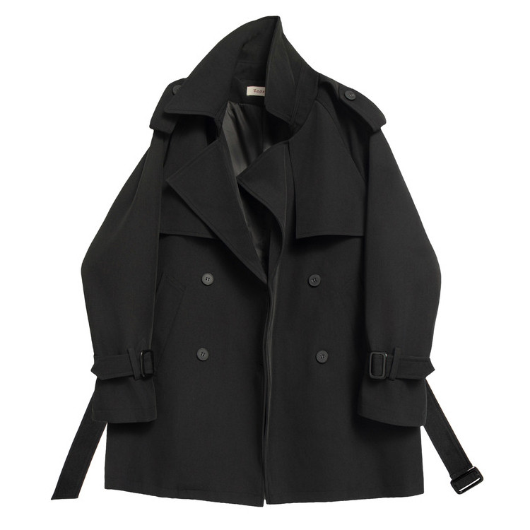 英伦风黑色双排扣中长款风衣女西装领宽松显瘦外套赫本风