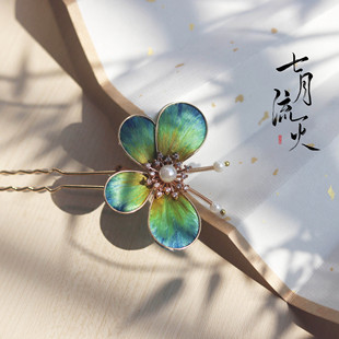 原创非遗掐丝绒花蝴蝶发饰汉服配饰日常手工头饰发钗只此青绿发簪