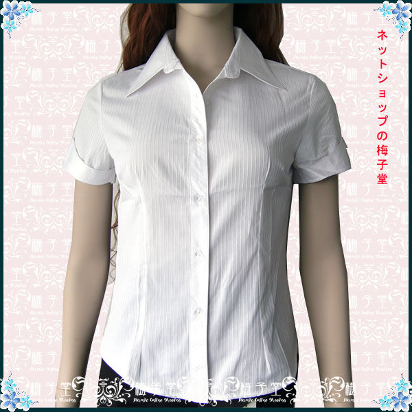 清仓价女款短袖压线条纹白粉两色白领职业装OL制服衬衫收腰修身