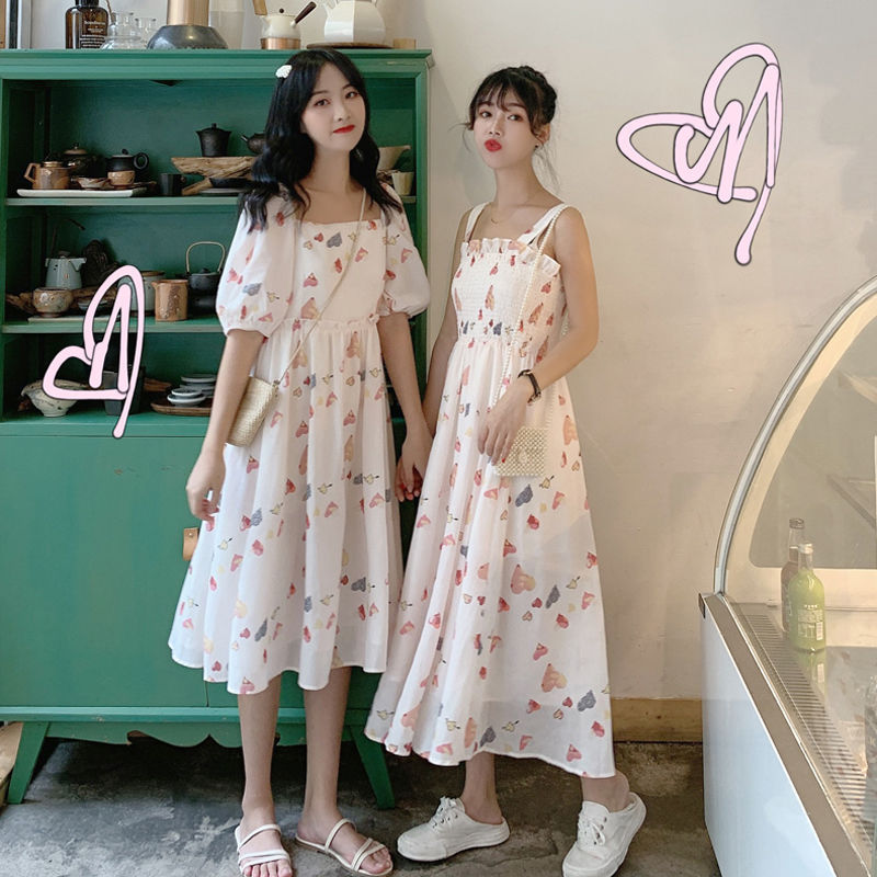 891 new style very immortal forest department best friend middle long style waist shows thin broken flower square collar short sleeve dress female