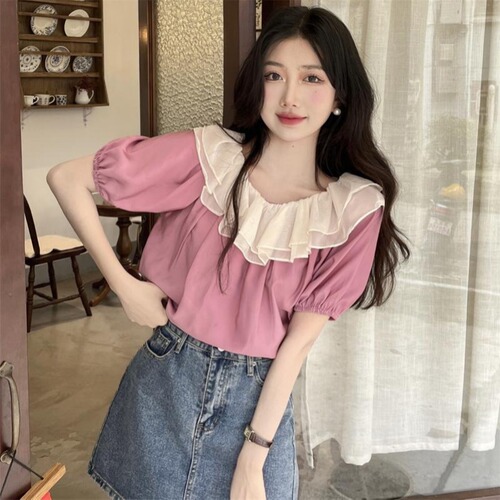 Collarbone one line collar exposed shoulder lotus leaf edge short sleeve shirt women's summer chic top super fairy sweet gentle style