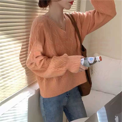 Autumn and winter new lazy wind fairy net red V-Neck Sweater women's twist sweater short top fashion