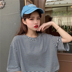 Real shot pull frame stripe short sleeve T-shirt for women