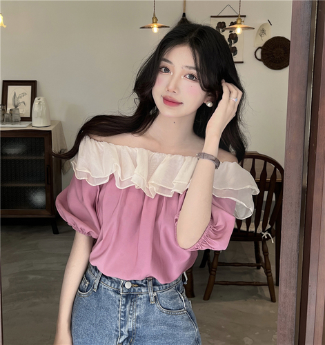 Collarbone one line collar exposed shoulder lotus leaf edge short sleeve shirt women's summer chic top super fairy sweet gentle style