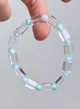 天然粉水晶方糖手链女款单圈手串送女友闺蜜生日礼物