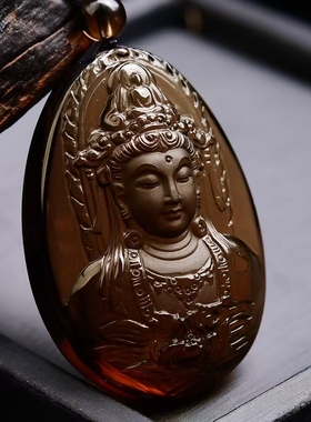 纯天然茶水晶观音吊坠观音菩萨项链观世音佛像项坠无事牌护身符