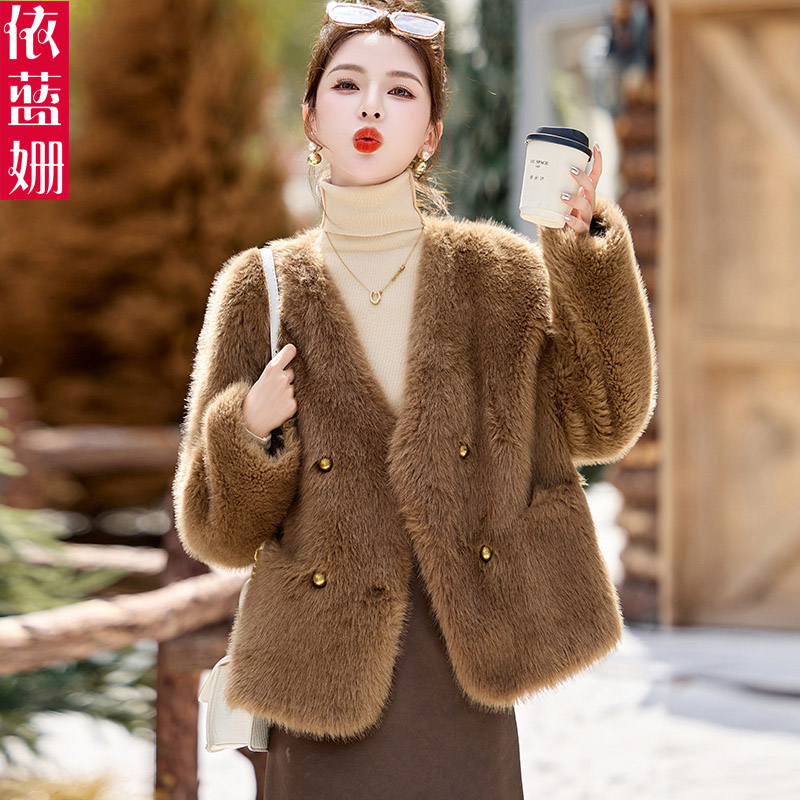 小香风仿水貂毛绒皮毛一体大衣女