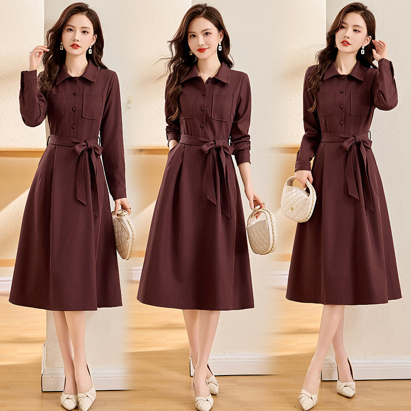 长袖连衣裙女春秋季新款法式高级感系带收腰显瘦衬衫裙中长款裙子