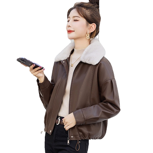 宽松加绒皮衣外套女冬季短款2024新款高级感小个子休闲皮夹克棉服