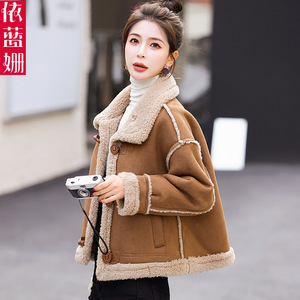 麂皮绒皮毛一体羊羔毛短外套女2023冬装新款加厚小个子机车服棉衣