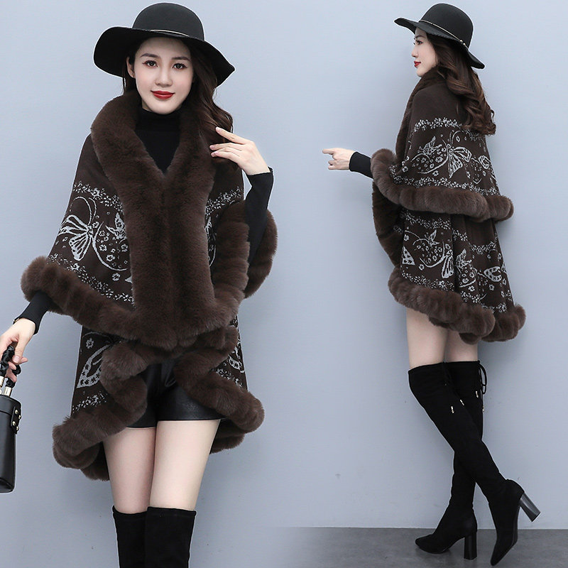 秋冬毛毛双层领宽松斗篷披肩披风外搭大码中长款针织衫女开衫外套