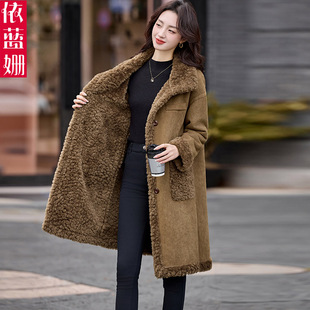 皮毛一体外套女中长款2025冬季新款时尚鹿皮绒加绒加厚羊羔毛大衣