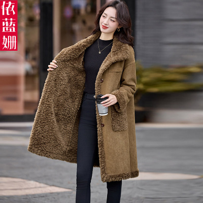 时尚鹿皮绒加绒加厚羊羔毛大衣女