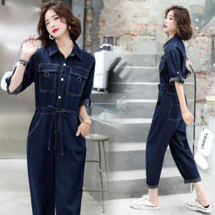 牛仔连体裤女2026夏季新款时尚韩版小个子短袖套装工装气质连身裤