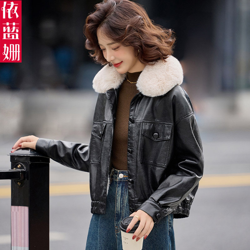 加绒加厚皮衣短外套女2025年冬季新款时尚洋气大毛领PU皮机车夹克