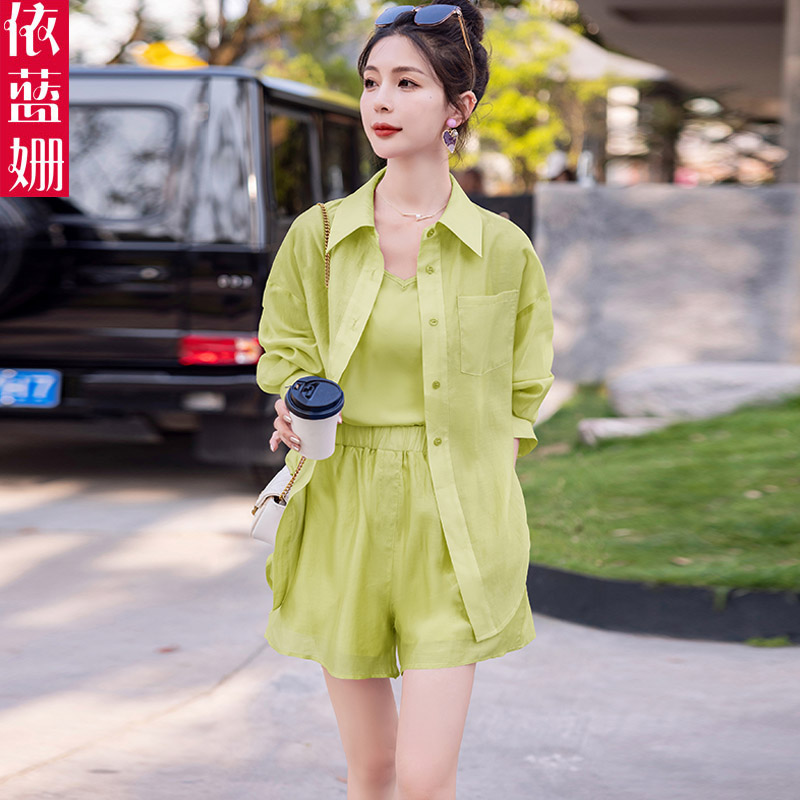 防晒衬衫短裤套装女夏小个子高级感天丝2023新款气质小清新三件套