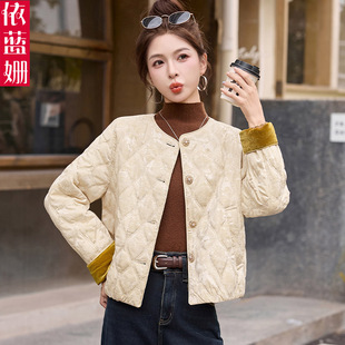 新中式国风夹棉外套女2025年冬季新款高级感短款轻薄菱格羽绒棉服