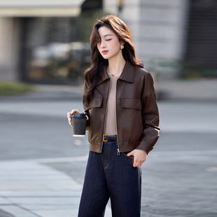 翻领机车风小个子复古皮质夹克上衣 新款 短款 皮衣外套女2026年春季