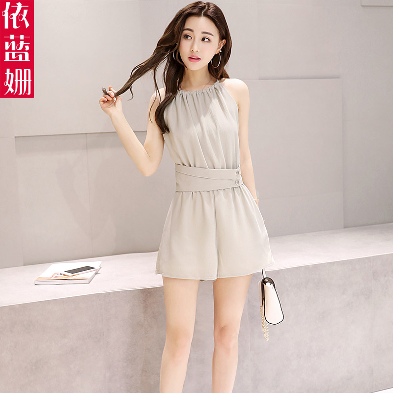 连体裤女夏2023新款韩版显瘦高腰雪纺吊带露肩连衣裤时尚短裤套装