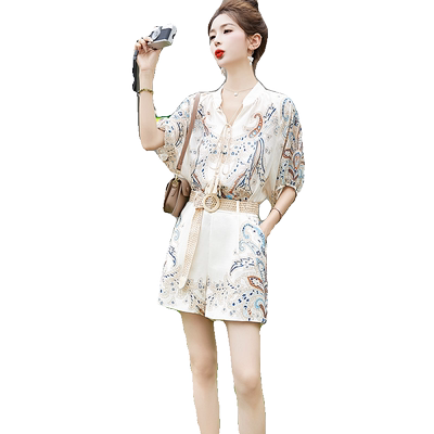 民族风两件套印花上衣+阔腿短裤