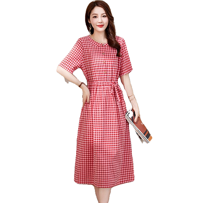 休闲气质收腰格子棉麻衬衫连衣裙
