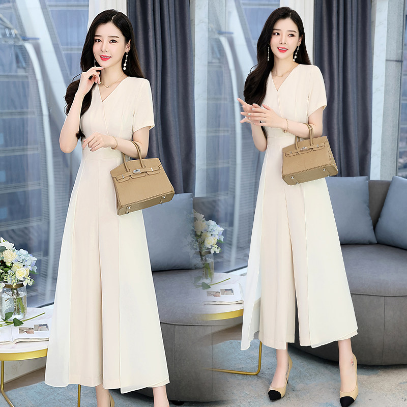 时尚雪纺连体裤女夏装2024新款高级感气质V领阔腿裤套装连衣裤裙