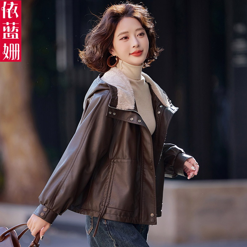 欧货时尚加绒短款PU皮衣外套女冬