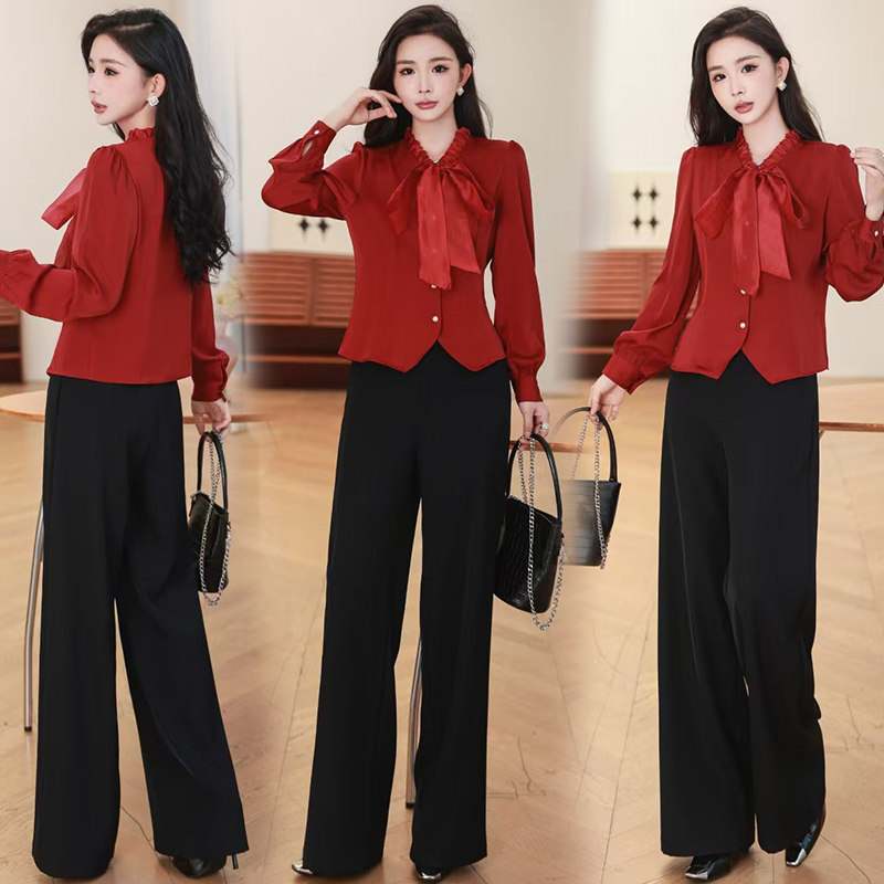 职业女裤套装春秋2025新款时尚气质蝴蝶结衬衫高腰垂感长裤两件套