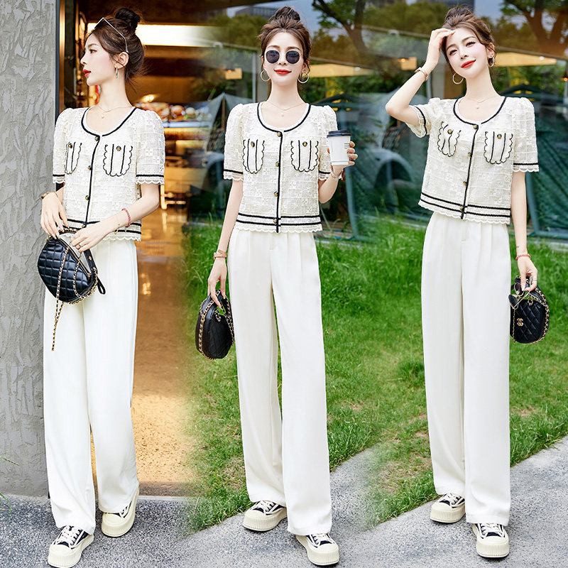时尚套装女2023夏季新款网红气质小香风显瘦洋气减龄阔腿裤两件套