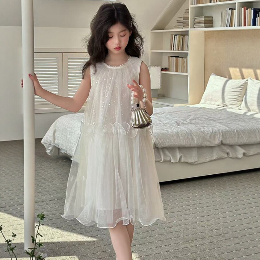 女童白色网纱公主蓬蓬连衣裙图片