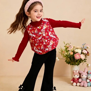 新中式秋冬汉服女童年服马甲盘扣喇叭裤新年过年拜年服套装中国风