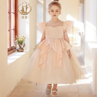 轻奢高端华丽女童晚礼服花童婚礼主持人缎布钢琴演奏儿童演出服