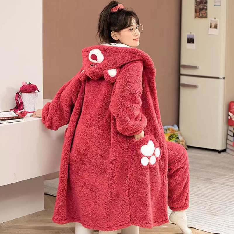 秋冬季少女士珊瑚绒家居服加厚保暖法兰绒睡衣可外穿长袖两件套装