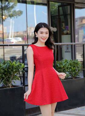 连衣裙女短裙 春夏新款女装圆领无袖修身显瘦红色a字背心裙气质潮