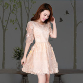 连衣裙女中裙春夏装 淑女公主裙a型显瘦 收腰中袖 新款 圆领镂空修身