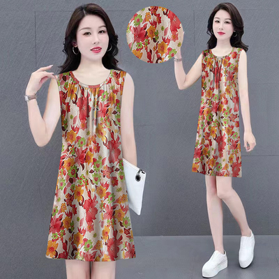 2025夏季新款宽松吊带a字裙遮肚显瘦无袖背心裙圆领碎花连衣裙女