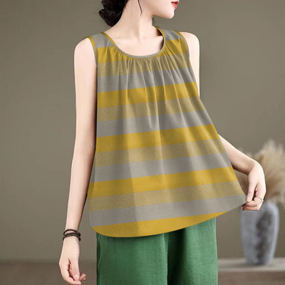 夏季时尚圆领A版百褶印花无袖背心女宽松百搭显瘦t恤吊带休闲上衣