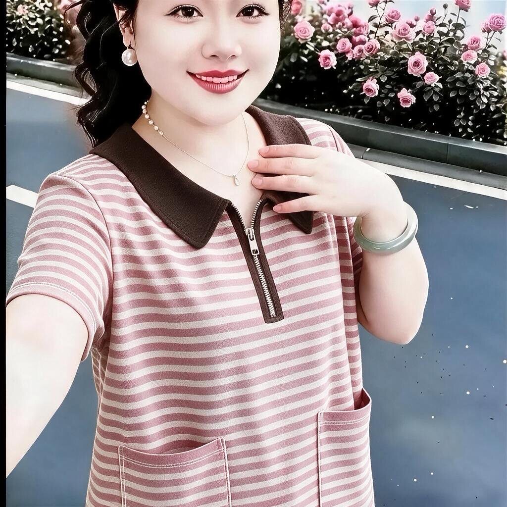 夏季新品短袖双口袋气质百搭休闲宽松高级感翻领条纹T恤妈妈上衣