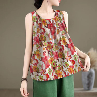 夏季时尚圆领A版百褶印花无袖背心女宽松百搭显瘦t恤吊带休闲上衣