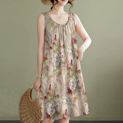 夏季新款宽松吊带a字裙遮肚显瘦无袖褶皱背心裙圆领碎花连衣裙女