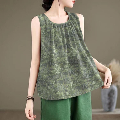 夏季时尚圆领A版百褶印花无袖背心女宽松百搭显瘦t恤吊带休闲上衣