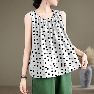夏季时尚圆领A版百褶印花无袖背心女宽松百搭显瘦t恤吊带休闲上衣