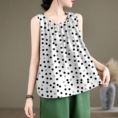 夏季时尚圆领A版百褶印花无袖背心女宽松百搭显瘦t恤吊带休闲上衣