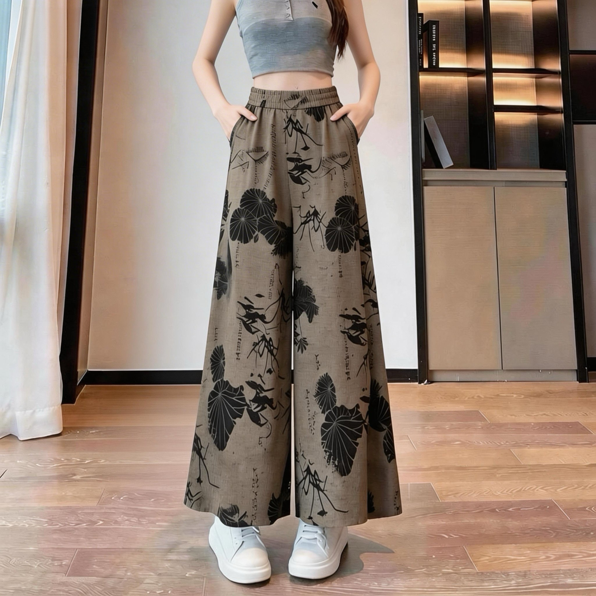 民族风宽松直筒休闲九分裤冰丝印花阔腿裤女夏季薄款新款高腰显瘦