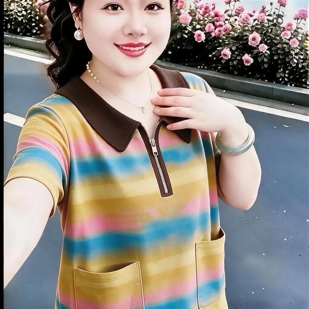 夏季新品短袖双口袋气质百搭休闲宽松高级感翻领条纹T恤妈妈上衣