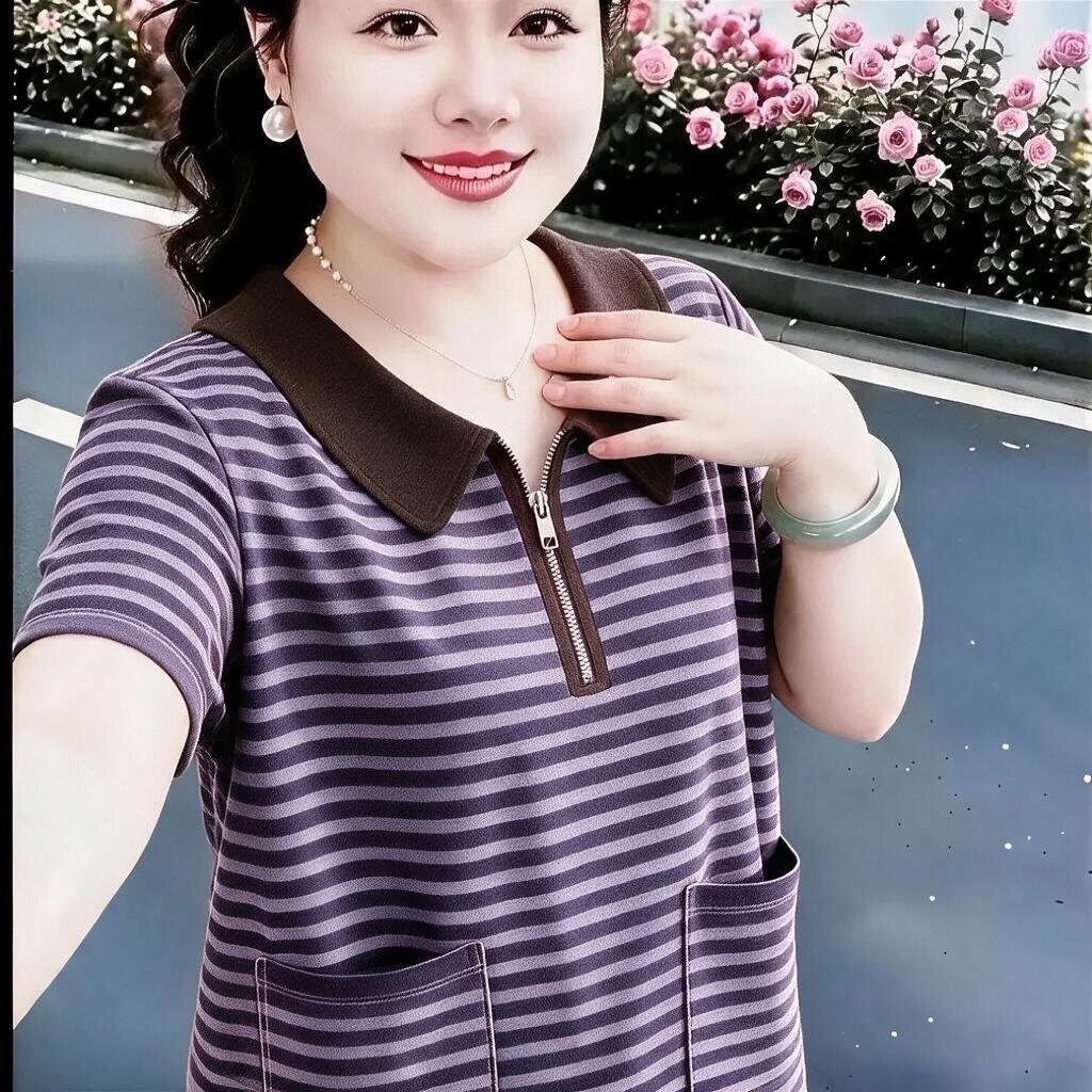 夏季新品短袖双口袋气质百搭休闲宽松高级感翻领条纹T恤妈妈上衣