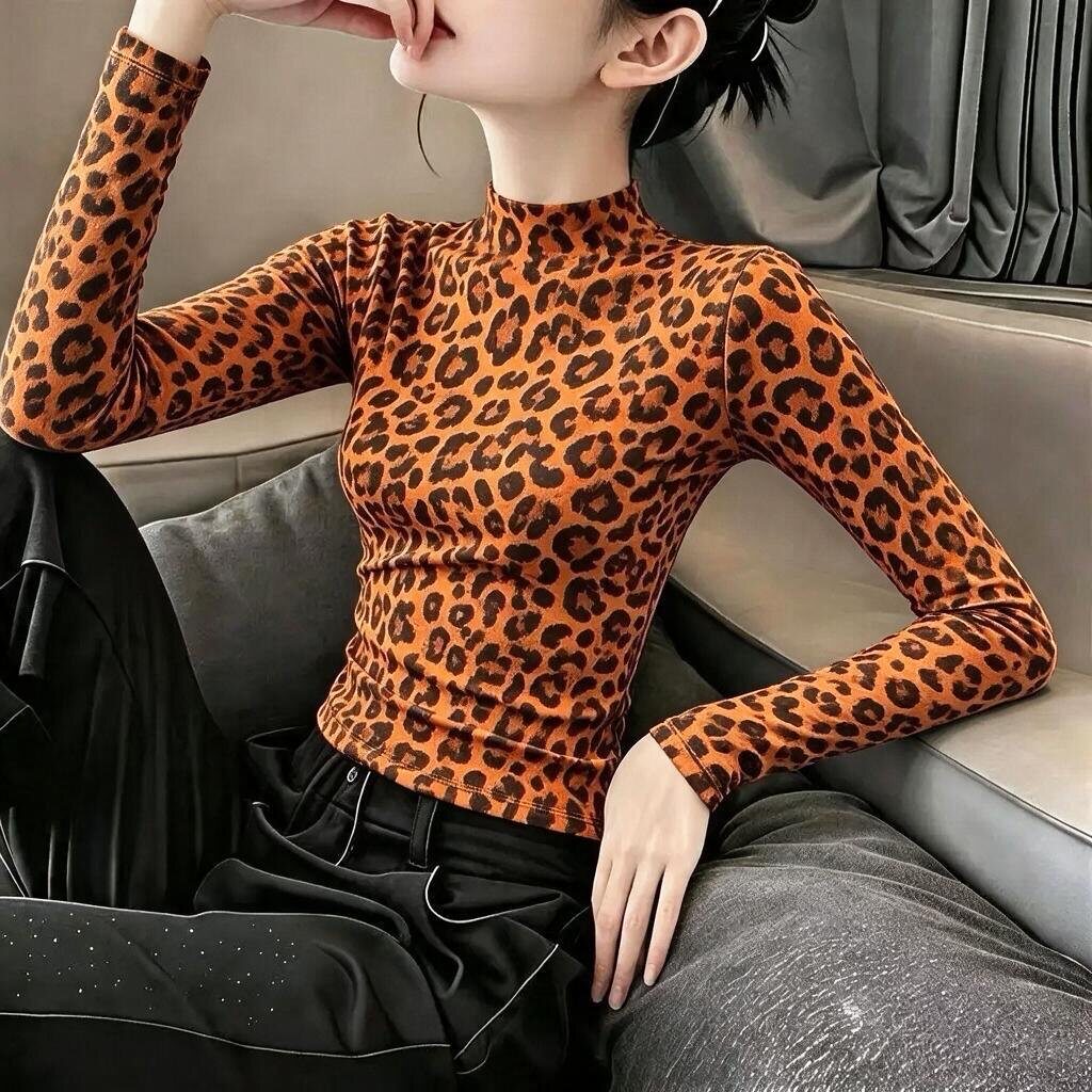 豹纹印花长袖t恤女秋冬季新款印花修身显瘦打底衫半高领上衣ins